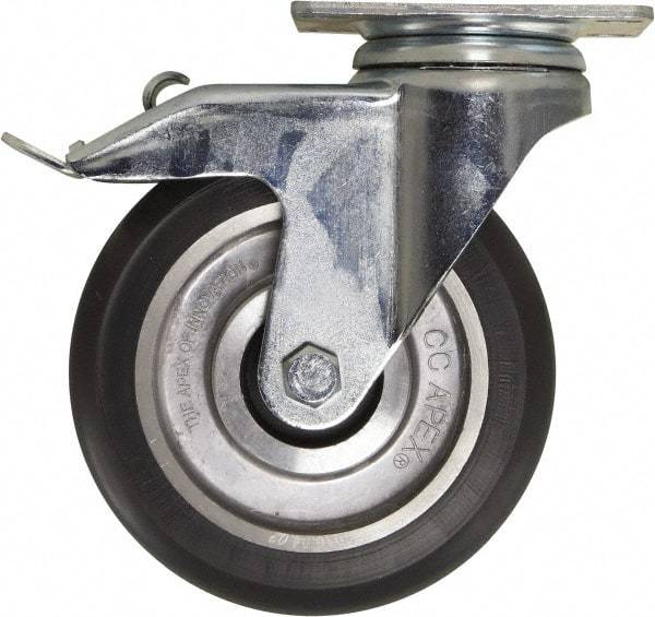 Caster Connection - 5" Diam x 1-1/4" Wide x 6-1/4" OAH Top Plate Mount Swivel Caster with Brake - Polyurethane, 450 Lb Capacity, Sealed Precision Ball Bearing, 2-3/8 x 3-5/8" Plate - Makers Industrial Supply