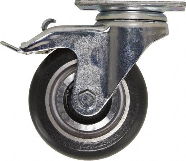 Caster Connection - 4" Diam x 1-1/4" Wide x 5-1/8" OAH Top Plate Mount Swivel Caster with Brake - Polyurethane, 400 Lb Capacity, Sealed Precision Ball Bearing, 2-3/8 x 3-5/8" Plate - Makers Industrial Supply