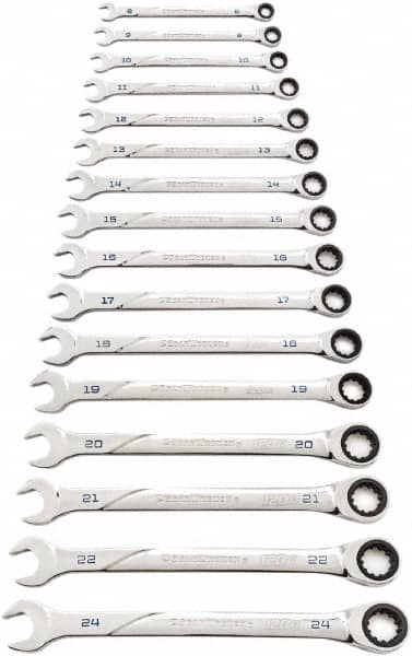 GearWrench - 16 Piece, 8mm to 24mm, Ratcheting Combination Wrench Set - Metric Measurement Standard, Chrome Finish - Makers Industrial Supply