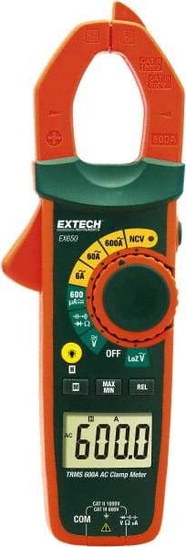 Extech - EX650, CAT III, Digital True RMS Auto Ranging Clamp Meter with 1.18" Clamp On Jaws - 750 VAC, 1000 VDC, 600 AC Amps, Measures Voltage, Capacitance, Continuity, Current, Resistance - Makers Industrial Supply