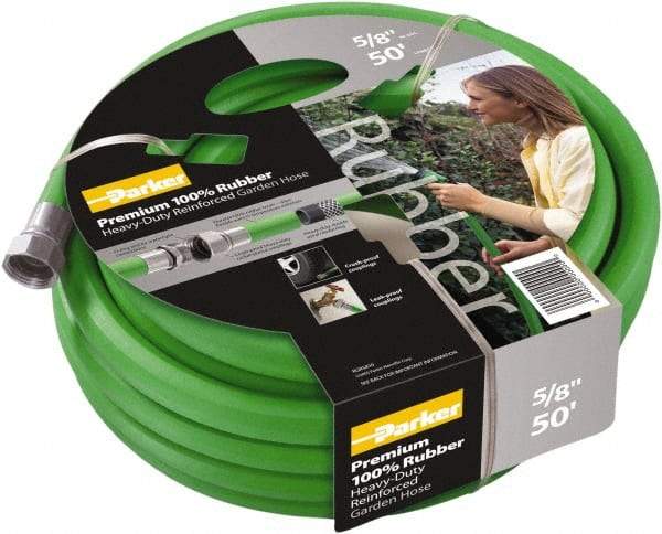 Parker - 100' Long Garden Hose - 5/8" Diam, 3/4" GHT, Rubber, 125 psi, Green - Makers Industrial Supply