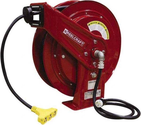 Reelcraft - 12 AWG, 75' Cable Length, Cord & Cable Reel with Triple-Tap Outlet End - 3 Outlets, NEMA 5-15R, 15 Amps, 125 Volts, SEOOW Cable, Red Reel, Spring Driven Reel - Makers Industrial Supply