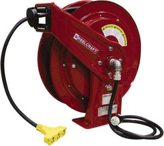 Reelcraft - 12 AWG, 75' Cable Length, Cord & Cable Reel with Triple-Tap Outlet End - 3 Outlets, NEMA 5-15R, 15 Amps, 125 Volts, SEOOW Cable, Red Reel, Spring Driven Reel - Makers Industrial Supply