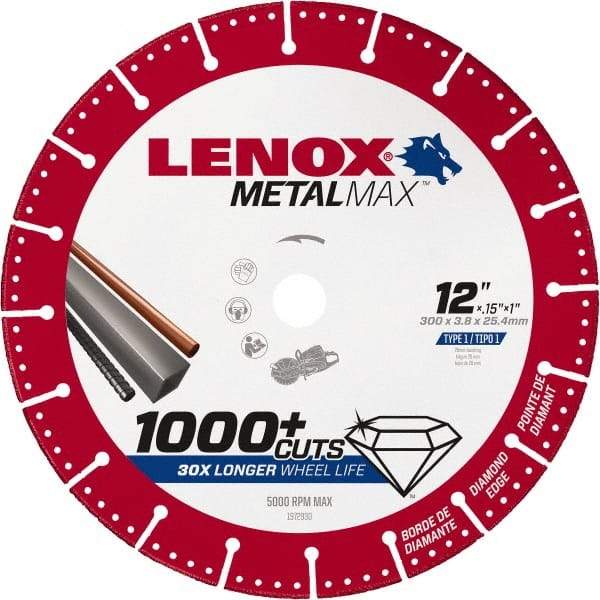 Lenox - 12" 25/30 Grit Diamond Cutoff Wheel - 0.126" Thick, 1" Arbor, 5,000 Max RPM, Use with Gas Powered Saws - Makers Industrial Supply