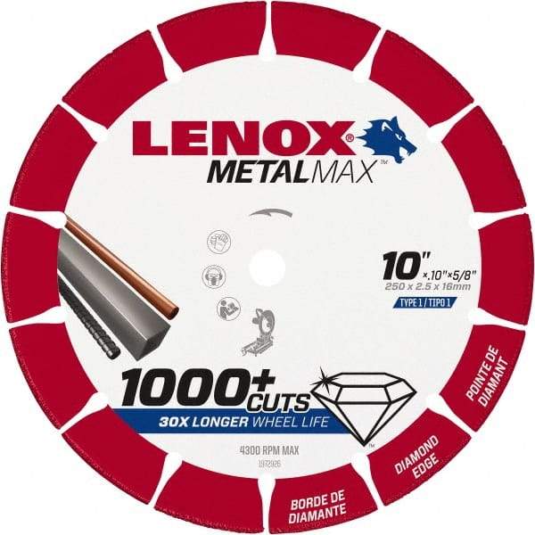 Lenox - 10" 25/30 Grit Diamond Cutoff Wheel - 0.114" Thick, 5/8" Arbor, 4,300 Max RPM, Use with Stationary Tools - Makers Industrial Supply