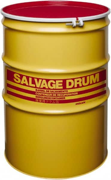 Made in USA - 110 Gallon Yellow with Red Cover Cylindrical Carbon Steel Open Head Drum - 41" High x 30" Diam - Makers Industrial Supply