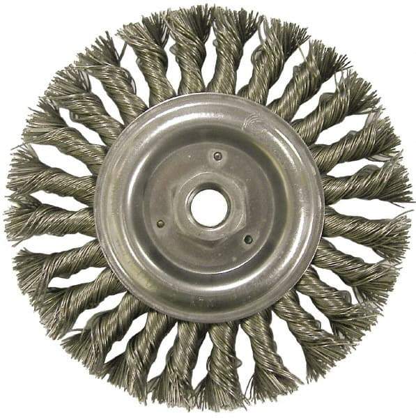 Weiler - 6" OD, 5/8-11 Arbor Hole, Knotted Steel Wheel Brush - 1/2" Face Width, 1-3/8" Trim Length, 0.023" Filament Diam, 9,000 RPM - Makers Industrial Supply