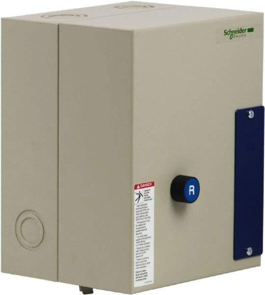 Schneider Electric - 9 Amp, 120 Coil VAC, Reversible Enclosed IEC Motor Starter - 1 Phase Hp: 0.3 at 120 VAC, 1 at 240 VAC, 3 Phase Hp: 2 at 208 VAC, 2 at 230 VAC, 5 at 460 VAC, 7.5 at 575 VAC - Makers Industrial Supply