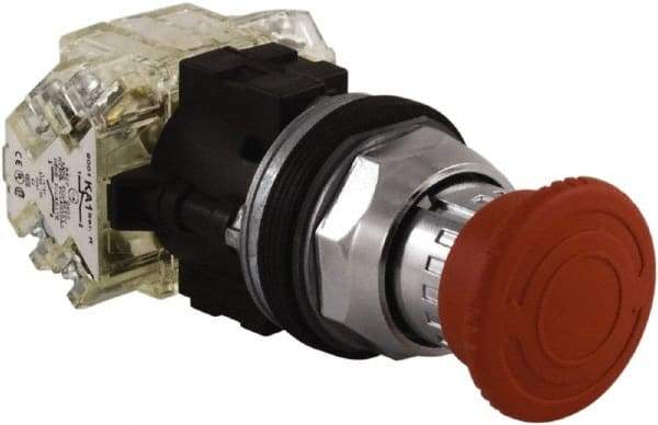 Schneider Electric - Extended Mushroom Head Pushbutton Switch Emergency Stop - Red, Round Button - Makers Industrial Supply