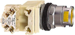 Schneider Electric - 30mm Mount Hole, Extended Straight, Pushbutton Switch with Contact Block - Yellow Pushbutton, Momentary (MO) - Makers Industrial Supply