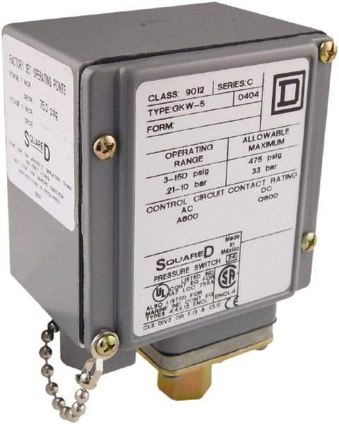 Square D - 4, 13 and 4X NEMA Rated, SPDT, 3 to 150 psi, Electromechanical Pressure and Level Switch - Fixed Pressure, 120 VAC at 6 Amp, 125 VDC at 0.22 Amp, 240 VAC at 3 Amp, 250 VDC at 0.27 Amp, 1/4 Inch Connector, Screw Terminal, For Use with 9012G - Makers Industrial Supply