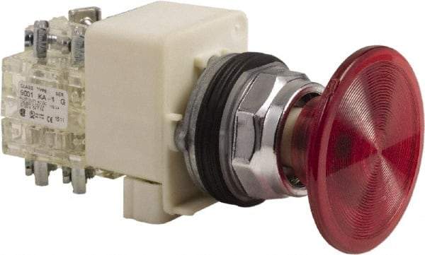 Schneider Electric - 30mm Mount Hole, Extended Mushroom Head, Pushbutton Switch Only - Round, Red Pushbutton, Nonilluminated, Maintained (MA), On-Off - Makers Industrial Supply