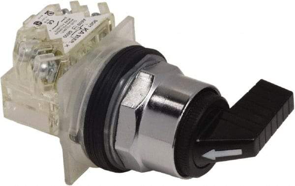 Schneider Electric - 1.18 Inch Mount Hole, 3 Position, Knob and Pushbutton Operated, Selector Switch - Black, Momentary (MO), NO/NC, Weatherproof and Dust and Oil Resistant - Makers Industrial Supply