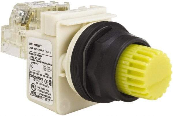 Schneider Electric - 30mm Mount Hole, Extended Straight, Pushbutton Switch with Contact Block - Yellow Pushbutton, Momentary (MO) - Makers Industrial Supply