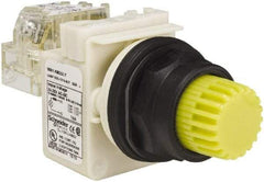 Schneider Electric - 1.22 Inch Mount Hole, Extended Straight, Pushbutton Switch with Contact Block - Round, Yellow Pushbutton, Illuminated, Momentary (MO), Anticorrosive, Dusttight, Oiltight, Watertight and Shock and Vibration Resistant - Makers Industrial Supply