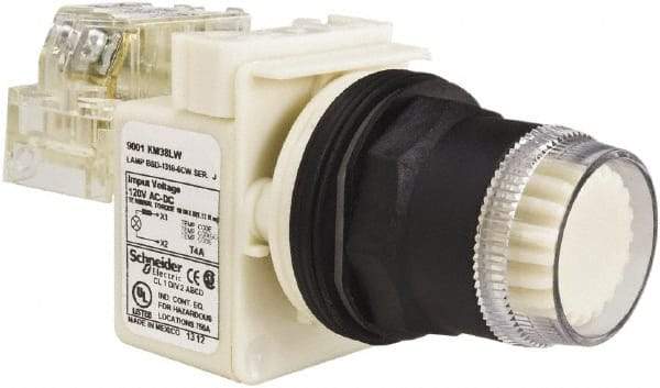 Schneider Electric - 1.22 Inch Mount Hole, Flush, Pushbutton Switch with Contact Block - Round, White Pushbutton, Illuminated, Momentary (MO), Anticorrosive, Dusttight, Oiltight, Watertight and Shock and Vibration Resistant - Makers Industrial Supply