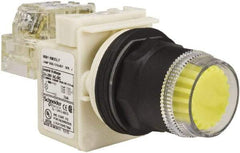 Schneider Electric - 30mm Mount Hole, Extended Straight, Pushbutton Switch with Contact Block - Yellow Pushbutton, Momentary (MO) - Makers Industrial Supply