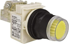 Schneider Electric - 30mm Mount Hole, Extended Straight, Pushbutton Switch with Contact Block - Yellow Pushbutton, Momentary (MO) - Makers Industrial Supply