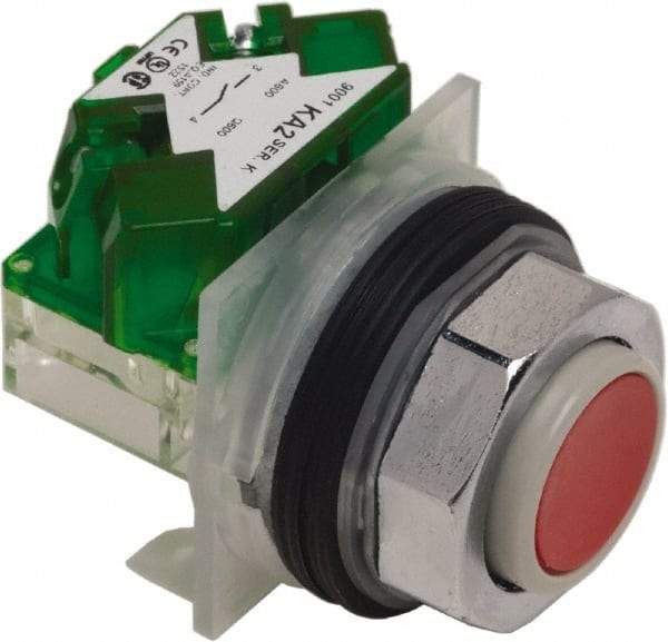 Schneider Electric - 30mm Mount Hole, Extended Straight, Pushbutton Switch with Contact Block - Red Pushbutton, Momentary (MO) - Makers Industrial Supply