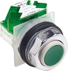 Schneider Electric - 30mm Mount Hole, Extended Straight, Pushbutton Switch with Contact Block - Green Pushbutton, Momentary (MO) - Makers Industrial Supply