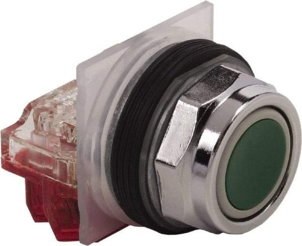 Schneider Electric - 30mm Mount Hole, Extended Straight, Pushbutton Switch with Contact Block - Green Pushbutton, Momentary (MO) - Makers Industrial Supply