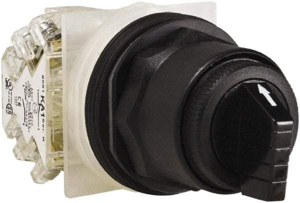 Schneider Electric - 1.18 Inch Mount Hole, 3 Position, Knob and Pushbutton Operated, Selector Switch - Black, Maintained (MA), Anticorrosive, Weatherproof, Dust and Oil Resistant - Makers Industrial Supply