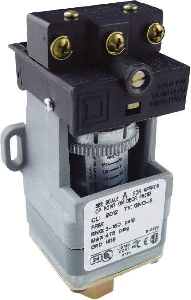 Square D - SPDT, 3 to 150 psi, Electromechanical Pressure and Level Switch - Adjustable Pressure, 120 VAC at 6 Amp, 125 VDC at 0.22 Amp, 240 VAC at 3 Amp, 250 VDC at 0.27 Amp, 1/4 Inch Connector, Screw Terminal, For Use with 9012G - Makers Industrial Supply