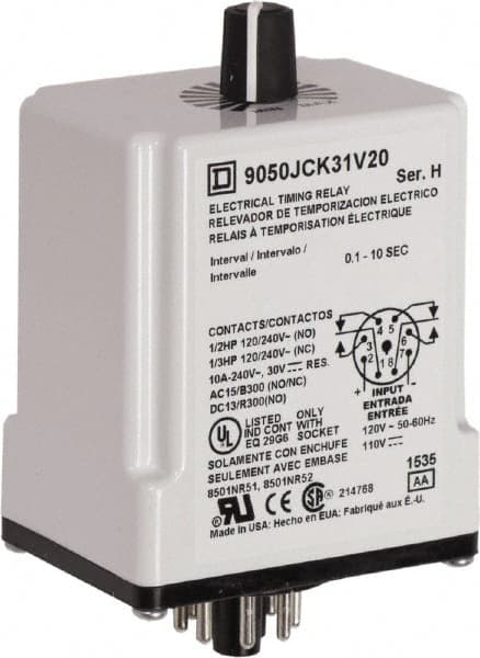 Square D - DPDT Time Delay Relay - 10 Contact Amp, 110 VDC & 120 VAC - Makers Industrial Supply