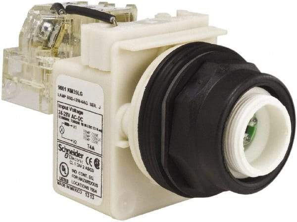 Schneider Electric - 28 V Green Lens LED Pilot Light - Round Lens, Screw Clamp Connector, 54mm OAL x 42mm Wide, Vibration Resistant - Makers Industrial Supply