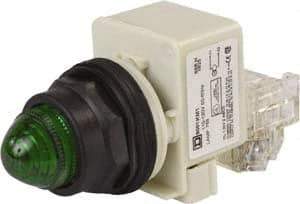 Schneider Electric - 110 VAC at 50/60 Hz via Transformer, 120 VAC at 50/60 Hz via Transformer Green Lens Press-to-Test Indicating Light - Round Lens, Screw Clamp Connector, Corrosion Resistant, Dust Resistant, Oil Resistant - Makers Industrial Supply