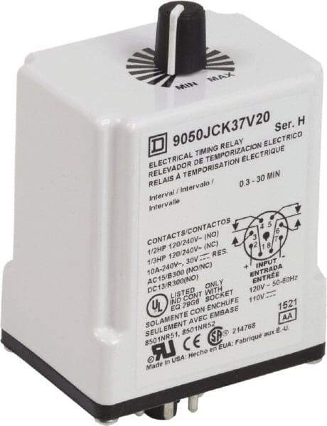 Square D - 0.3 to 30 min Delay, DPDT Time Delay Relay - 10 Contact Amp, 110 VDC & 120 VAC - Makers Industrial Supply