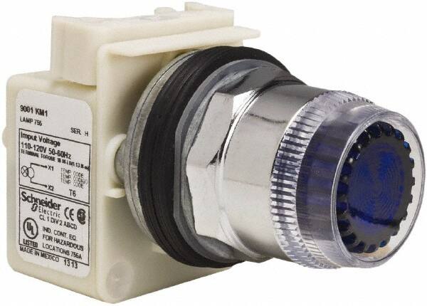 Schneider Electric - 1.18 Inch Mount Hole, Extended Straight, Pushbutton Switch Only - Round, Blue Pushbutton, Illuminated, Momentary (MO), Weatherproof, Dust and Oil Resistant - Makers Industrial Supply