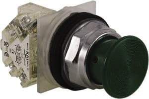 Schneider Electric - 30mm Mount Hole, Extended Straight, Pushbutton Switch with Contact Block - Green Pushbutton, Momentary (MO) - Makers Industrial Supply