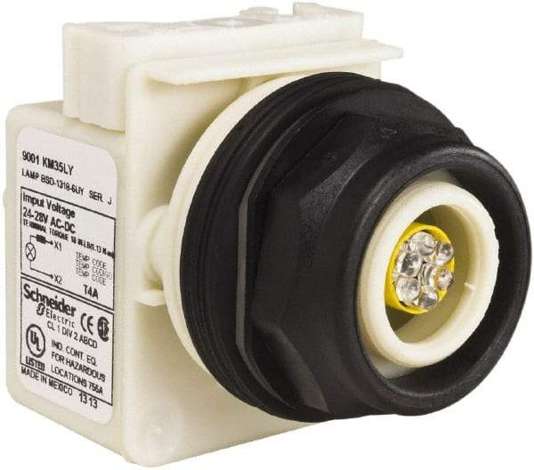 Schneider Electric - 28 V Yellow Lens LED Pilot Light - Round Lens, Screw Clamp Connector, 54mm OAL x 42mm Wide, Vibration Resistant - Makers Industrial Supply