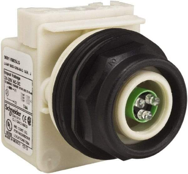 Schneider Electric - 28 V Green Lens LED Pilot Light - Round Lens, Screw Clamp Connector, 54mm OAL x 42mm Wide, Vibration Resistant - Makers Industrial Supply