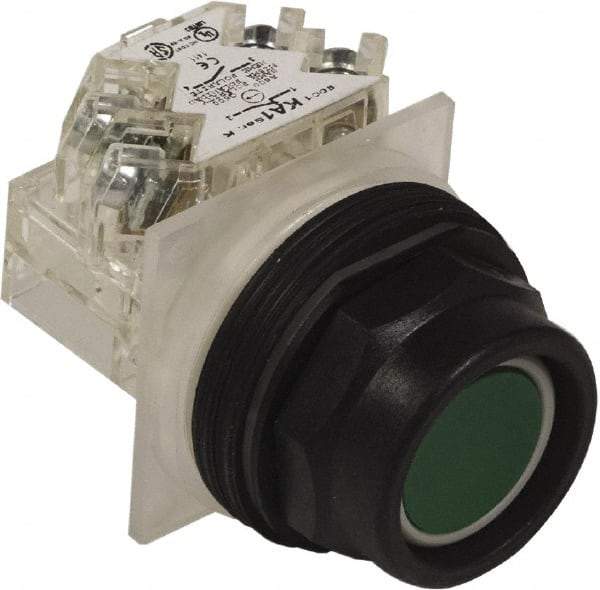 Schneider Electric - 30mm Mount Hole, Extended Straight, Pushbutton Switch with Contact Block - Green Pushbutton, Momentary (MO) - Makers Industrial Supply