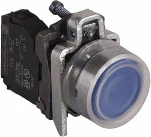 Schneider Electric - 22mm Mount Hole, Extended Straight, Pushbutton Switch with Contact Block - Round, Blue Pushbutton, Momentary (MO) - Makers Industrial Supply