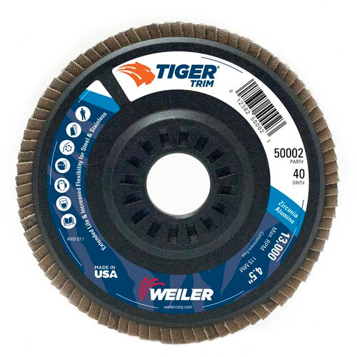 4-1/2″ Tiger Disc Abrasive Flap Disc, Angled, Trimmable Backing, 40Z, 7/8″ Arbor Hole - Makers Industrial Supply