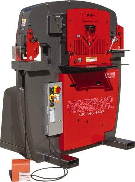 Cleveland Steel Tool - 11" Throat Depth, 100 Ton Punch Pressure, 3-1/2" Punch Capacity Ironworker - 10 hp, 3 Phase, 208/230 Volts, 45-1/2" Wide x 63-1/8" High x 56" Deep - Makers Industrial Supply