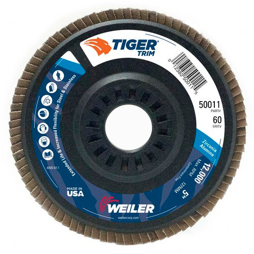 5″ Tiger Disc Abrasive Flap Disc, Angled, Trimmable Backing, 60Z, 7/8″ Arbor Hole - Makers Industrial Supply