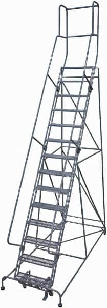 Cotterman - 182" 14 Step Rolling Warehouse Ladder - Rolling Safety Ladder, 450 Lb Capacity, 140" Platform Height, 42" Base Width x 101" Base Depth, Expanded Metal Tread - Makers Industrial Supply