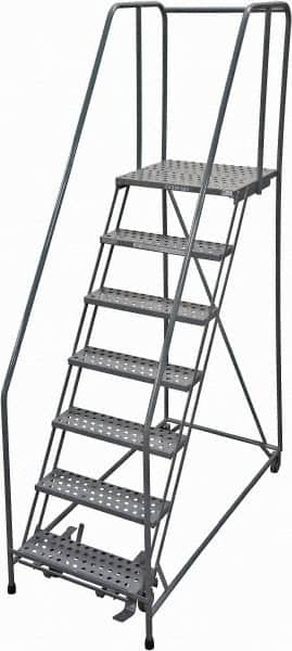 Cotterman - 100" 7 Step Rolling Warehouse Ladder - Rolling Safety Ladder, 450 Lb Capacity, 70" Platform Height, 30" Base Width x 63" Base Depth, Perforated Tread - Makers Industrial Supply