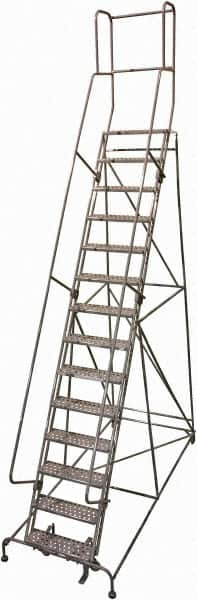 Cotterman - 182" 14 Step Rolling Warehouse Ladder - Rolling Safety Ladder, 450 Lb Capacity, 140" Platform Height, 42" Base Width x 111" Base Depth, Perforated Tread - Makers Industrial Supply