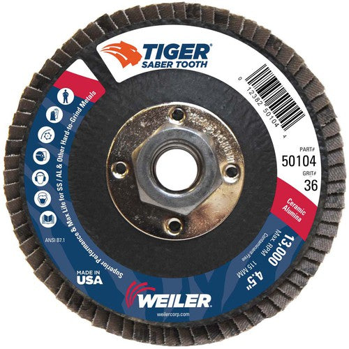 ‎4-1/2″ Saber Tooth Ceramic Abrasive Flap Disc, Angled, Phenolic Back,36C, 5/8″-11 UNC Nut - Makers Industrial Supply