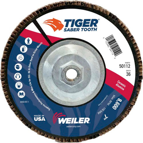 7″ Saber Tooth Ceramic Abrasive Flap Disc, Angled, Phenolic Backing, 36C, 5/8″-11 UNC Nut - Makers Industrial Supply