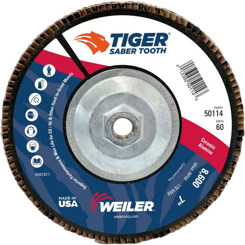 7″ Saber Tooth Ceramic Abrasive Flap Disc, Angled, Phenolic Backing, 60C, 5/8″-11 UNC Nut - Makers Industrial Supply