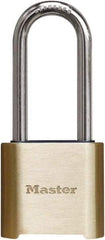 Master Lock - 2" Body Width x 3" Body Height, 2" Shackle Clearance, Brass Finish Combination Lock - 5/16" Shackle Diam, 1" Shackle Width, Set Your Own 4 Digit Combination - Makers Industrial Supply