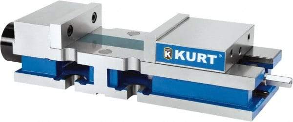 Kurt - 8" Jaw Width, 10-1/4" Jaw Opening Capacity, Horizontal Stationary Machine Vise - Reverse Hydraulic Operation, 1 Station, 27" Long x 6" High x 1" Deep, 6" Jaw Height, 3,200 Lb Max Clamp Force, Ductile Iron - Makers Industrial Supply