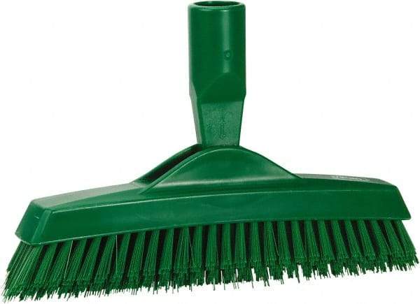 Vikan - 1.6" Bristle Length, Polyester Utility Scrub Brush - 9" Long x 1-1/2" Wide Head, 9-1/4" OAL, European Threaded Handle, Green, Polypropylene Block - Makers Industrial Supply