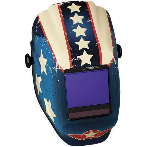 Jackson Safety - 3-1/4" Window Width x 4" Window Height, 5 to 8 & 9 to 13 Shade Auto-Darkening Lens, Fixed Front Welding Helmet with Digital Controls - Red/White/Blue Stars & Scars Design, Nylon - Makers Industrial Supply